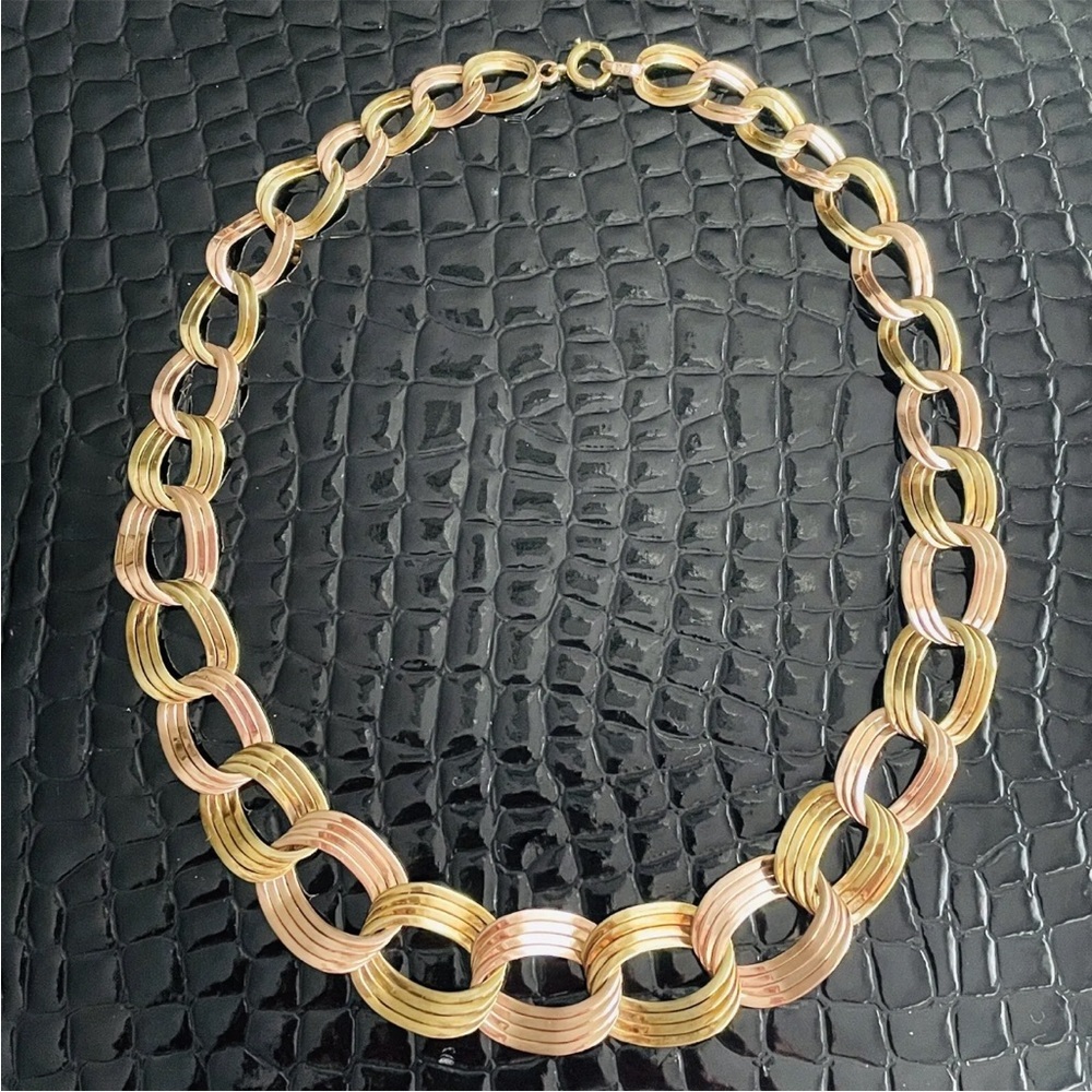 BIG 14K Solid Gold Binder Bros NY 2 Tone Graduated Chain Link Necklace 1950s MCM - Picture 1 of 10
